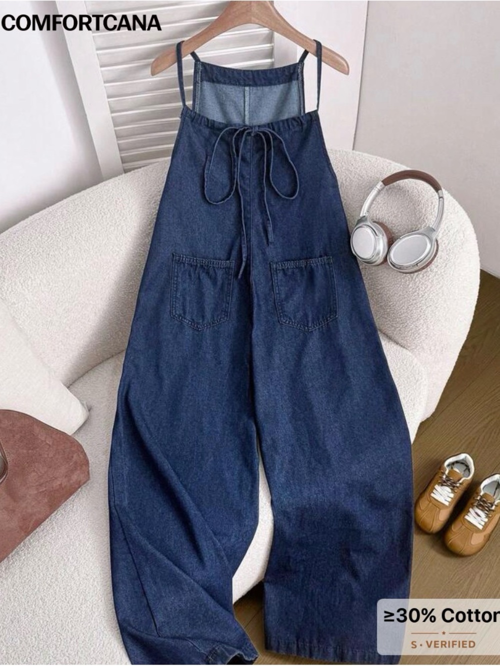 Women's Dark Blue Denim Wide-Leg Jeans Jumpsuit
